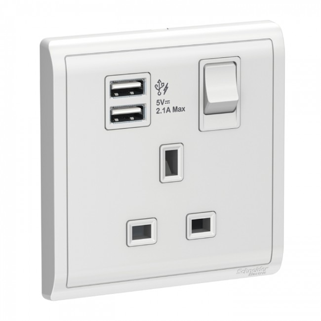 Schneider Pieno 1 Gang Socket Outlet USB E8215USB_WE